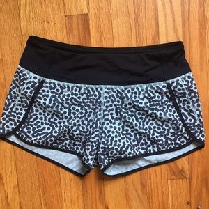 Lululemon black and teal leopard running shorts